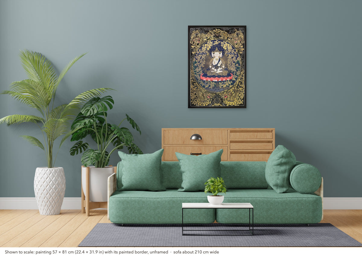 Vairocana thangka shown to scale in a living room, unframed, above a sofa about 210 cm wide (57×81 cm)