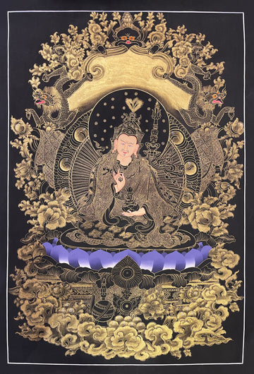 Padmasambhava thangka, 57×81 cm: Padmasambhava on a violet lotus in fine gold-coloured line work on black, framed by dragons
