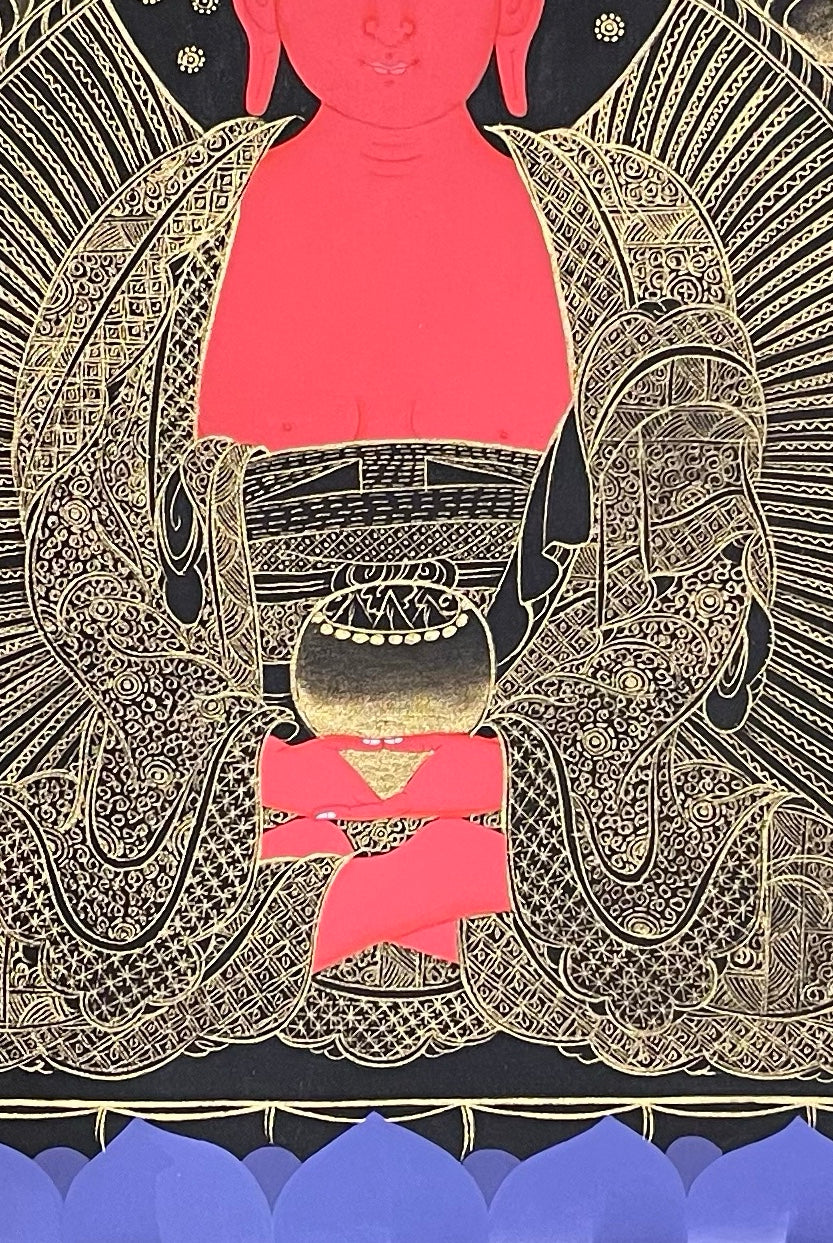 Amitabha Buddha thangka, 57×81 cm: red Amitabha in fine gold-coloured line work on black, framed by four dragons on navy