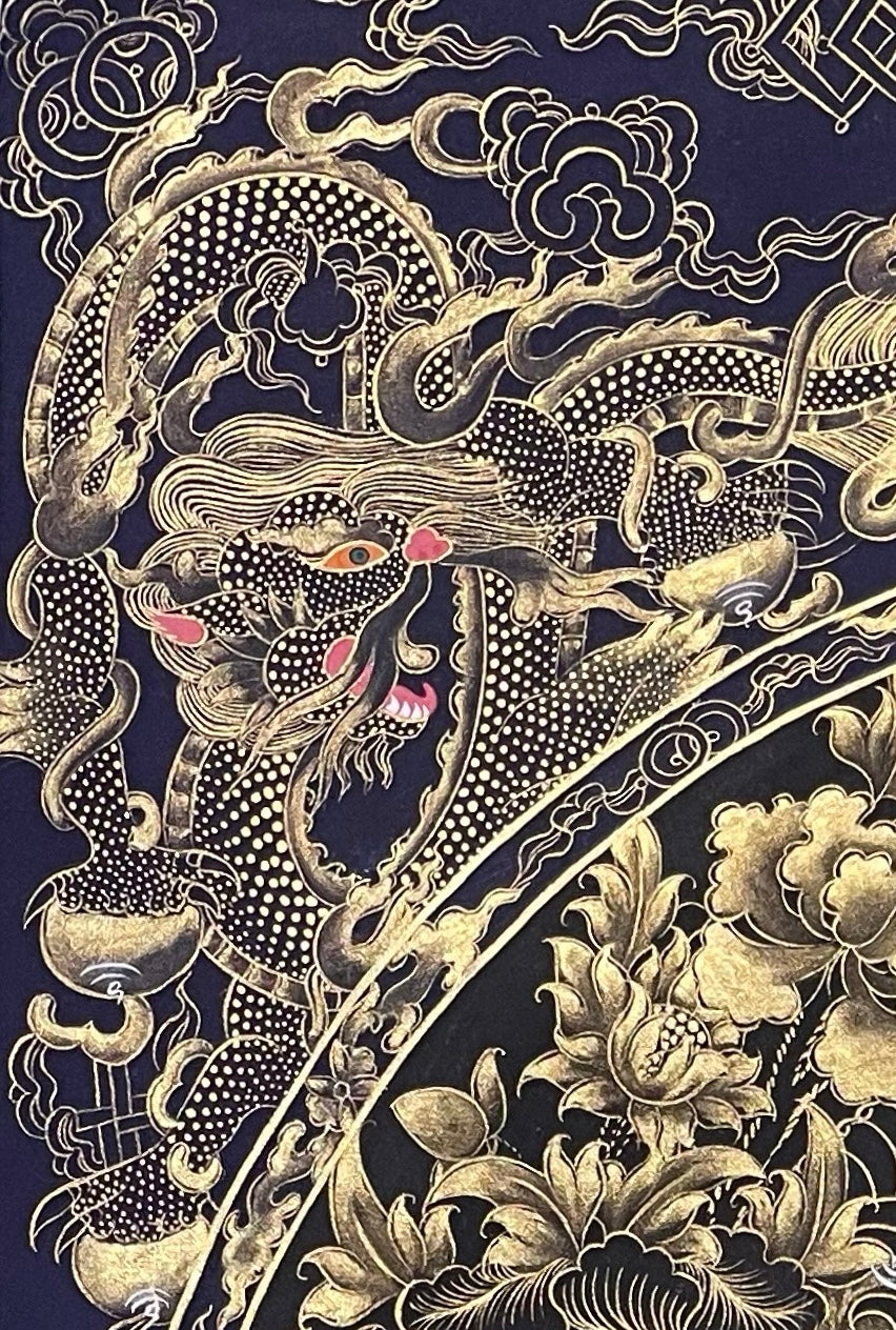Amitabha Buddha thangka, detail: top-left corner