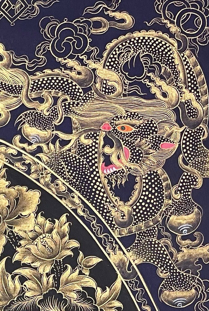 Amitabha Buddha thangka, detail: top-right corner