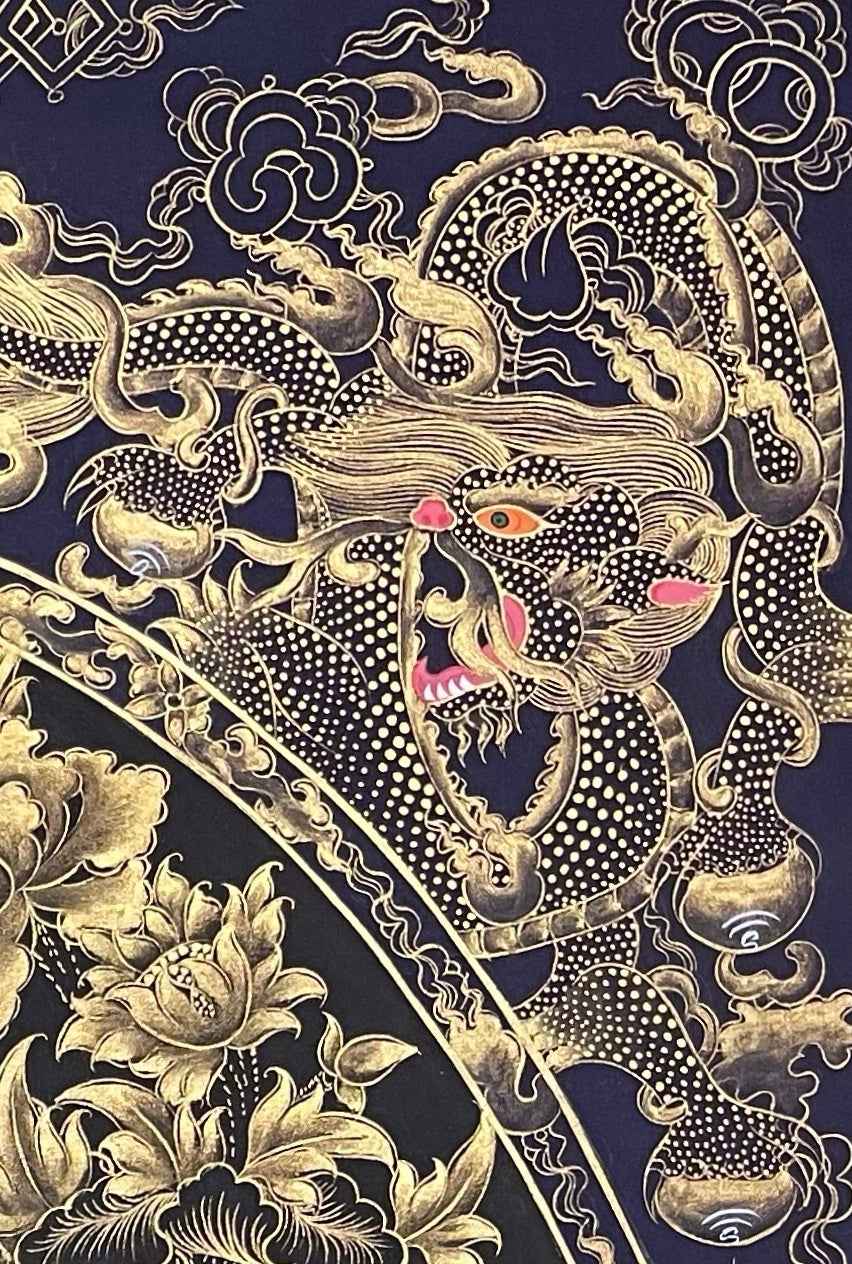 Amitabha Buddha thangka, detail: top-right corner