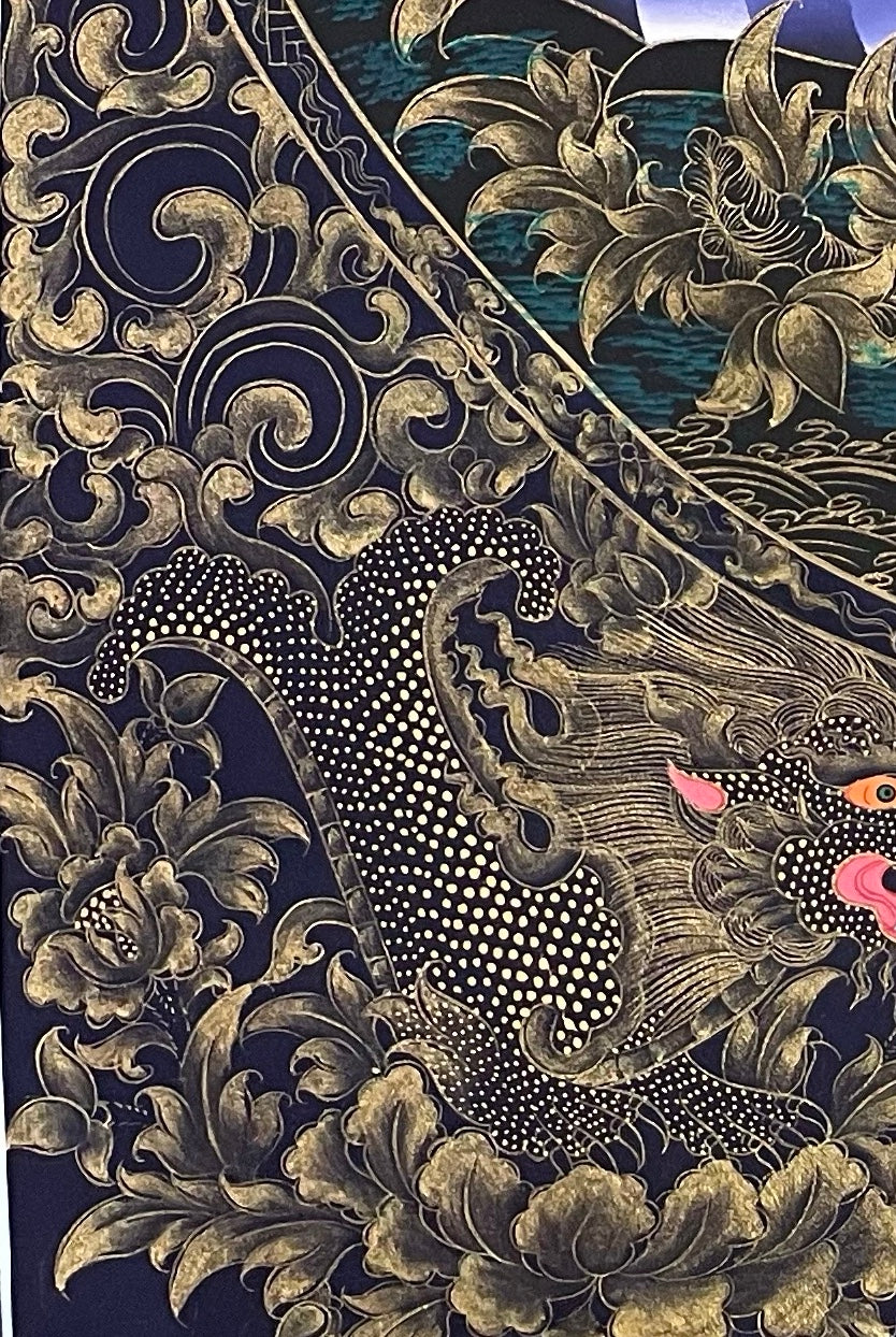 Amitabha Buddha thangka, detail: bottom-left corner
