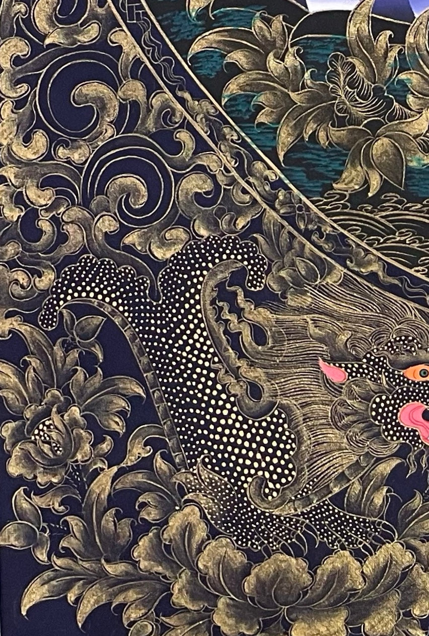 Amitabha Buddha thangka, detail: bottom-left corner