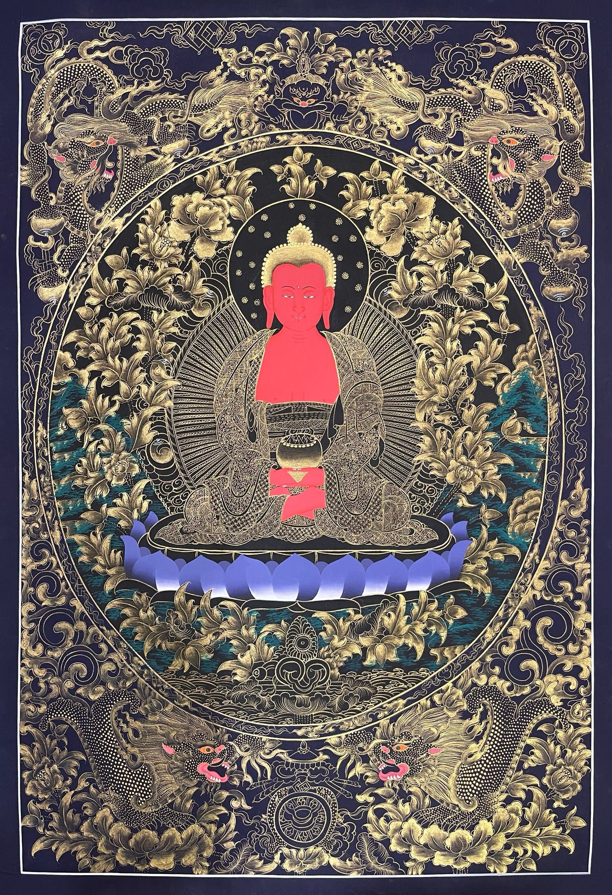 Amitabha Buddha thangka, 57×81 cm: red Amitabha in fine gold-coloured line work on black, framed by four dragons on navy