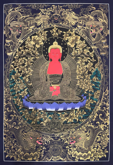 Amitabha Buddha thangka, 57×81 cm: red Amitabha in fine gold-coloured line work on black, framed by four dragons on navy