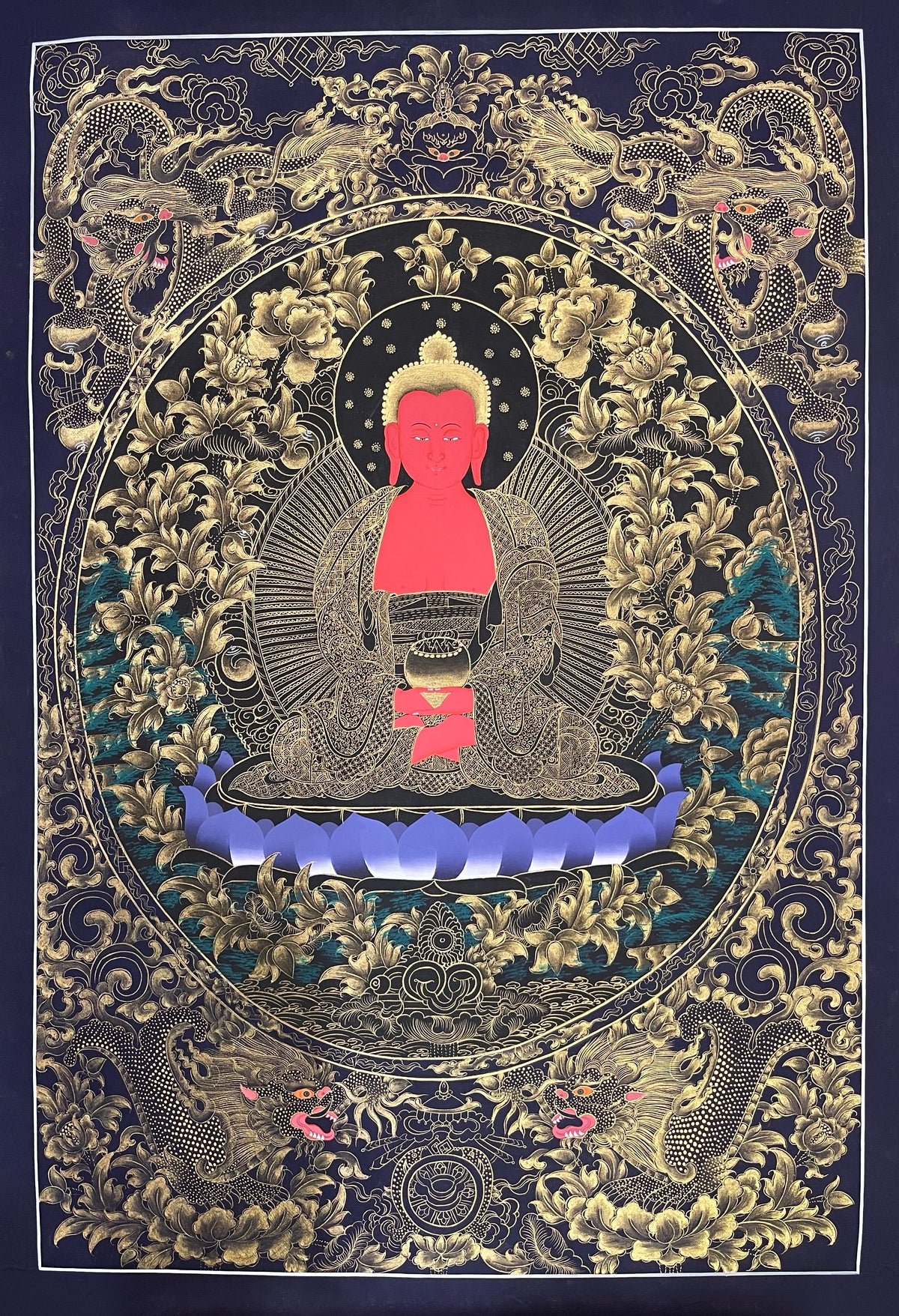 Amitabha Buddha thangka, 57×81 cm: red Amitabha in fine gold-coloured line work on black, framed by four dragons on navy