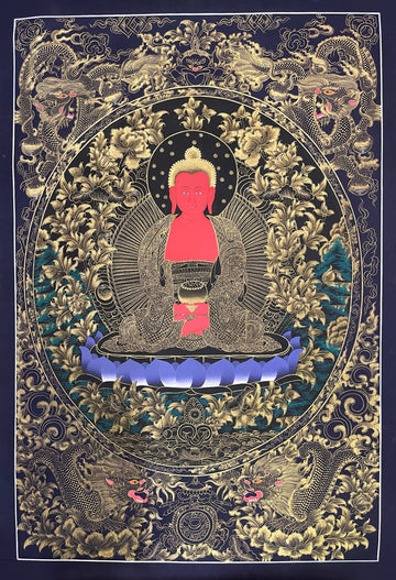 Amitabha Buddha thangka, 57×81 cm: red Amitabha in fine gold-coloured line work on black, framed by four dragons on navy