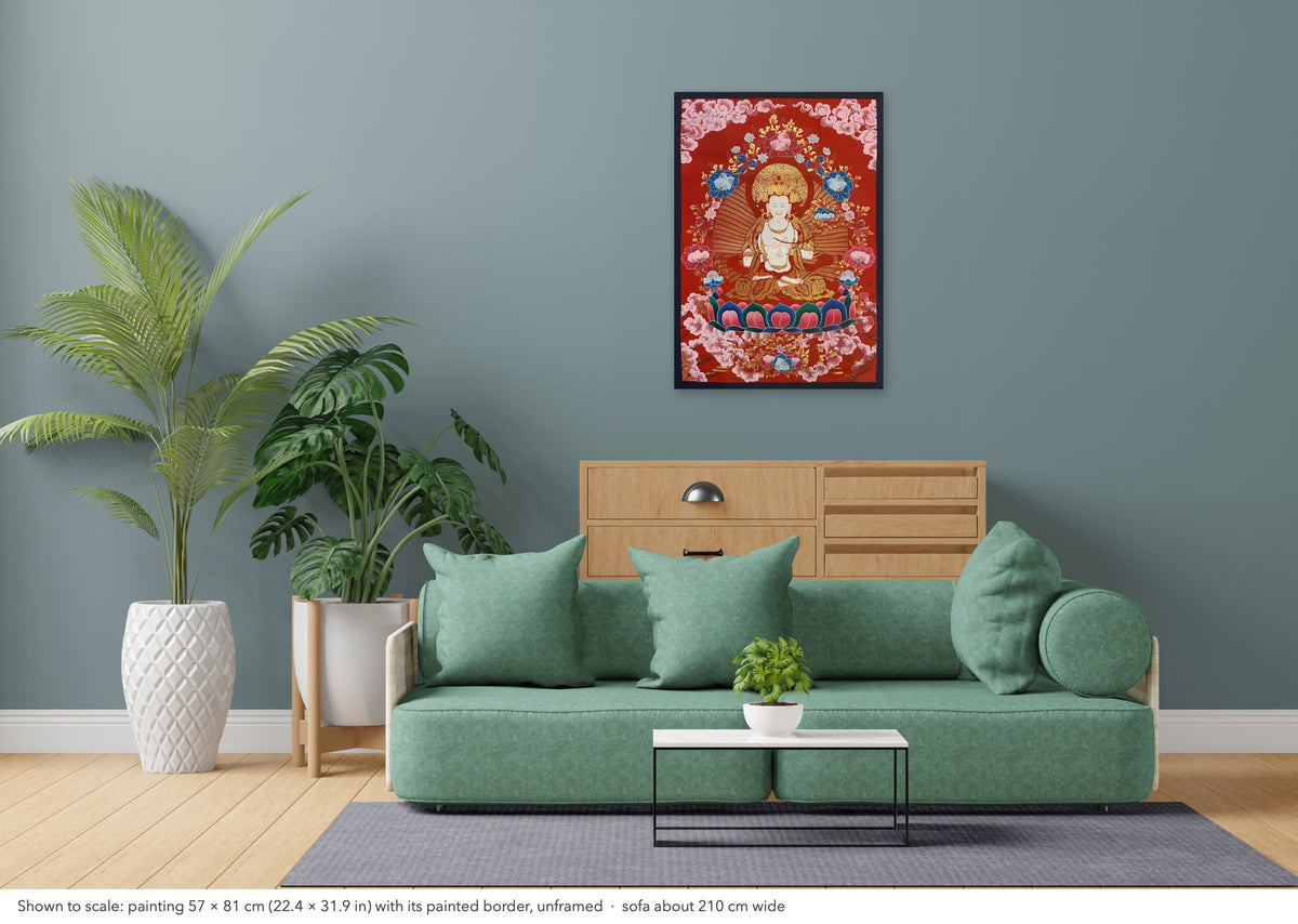 Mahasthamaprapta thangka shown to scale in a living room, unframed, above a sofa about 210 cm wide (57×81 cm)