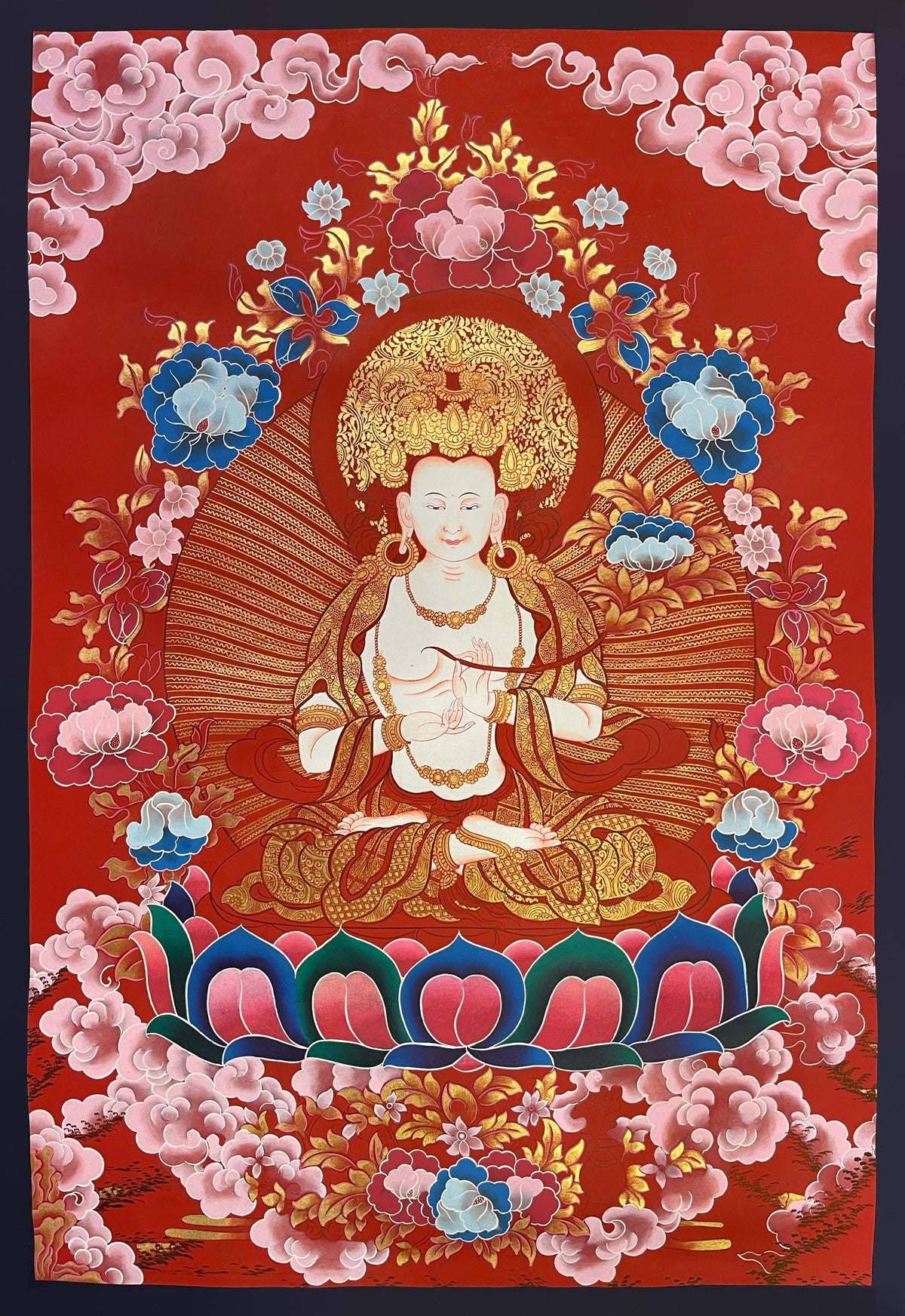 Mahasthamaprapta thangka, 57×81 cm: white Mahasthamaprapta on a lotus among peonies and pink clouds on a deep red ground