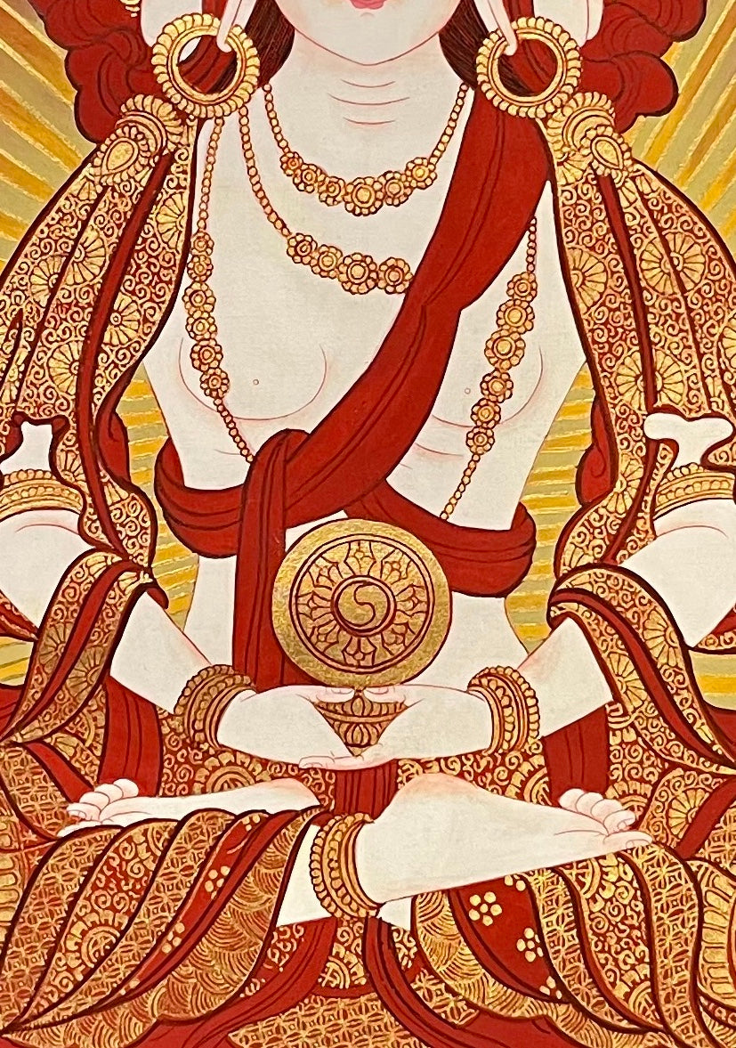 Vairocana thangka, 57×81 cm: four-faced white Vairocana with a dharma wheel, worked in red and gold-coloured highlights