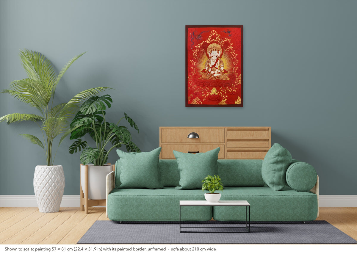 Vairocana thangka shown to scale in a living room, unframed, above a sofa about 210 cm wide (57×81 cm)
