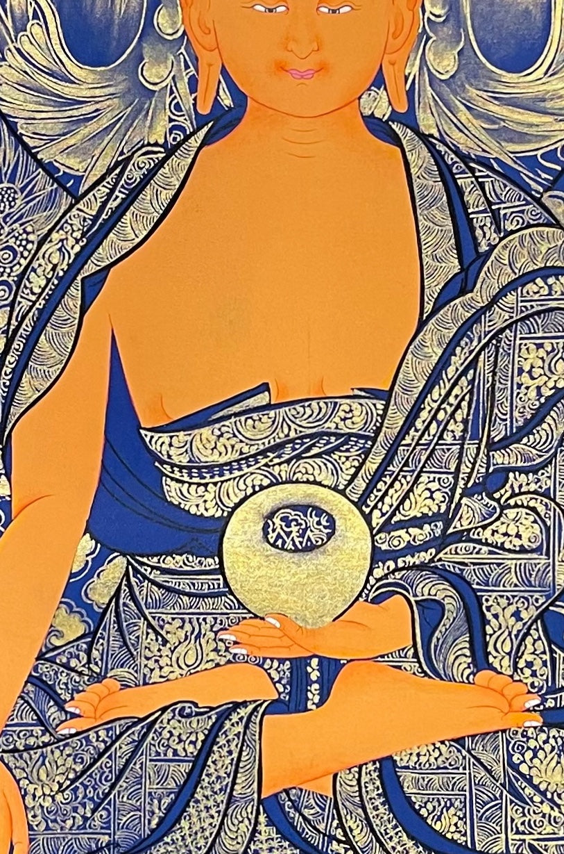 Shakyamuni Buddha thangka, 57×81 cm: Shakyamuni in gold-coloured line work on deep blue, with dragons, phoenixes and peonies