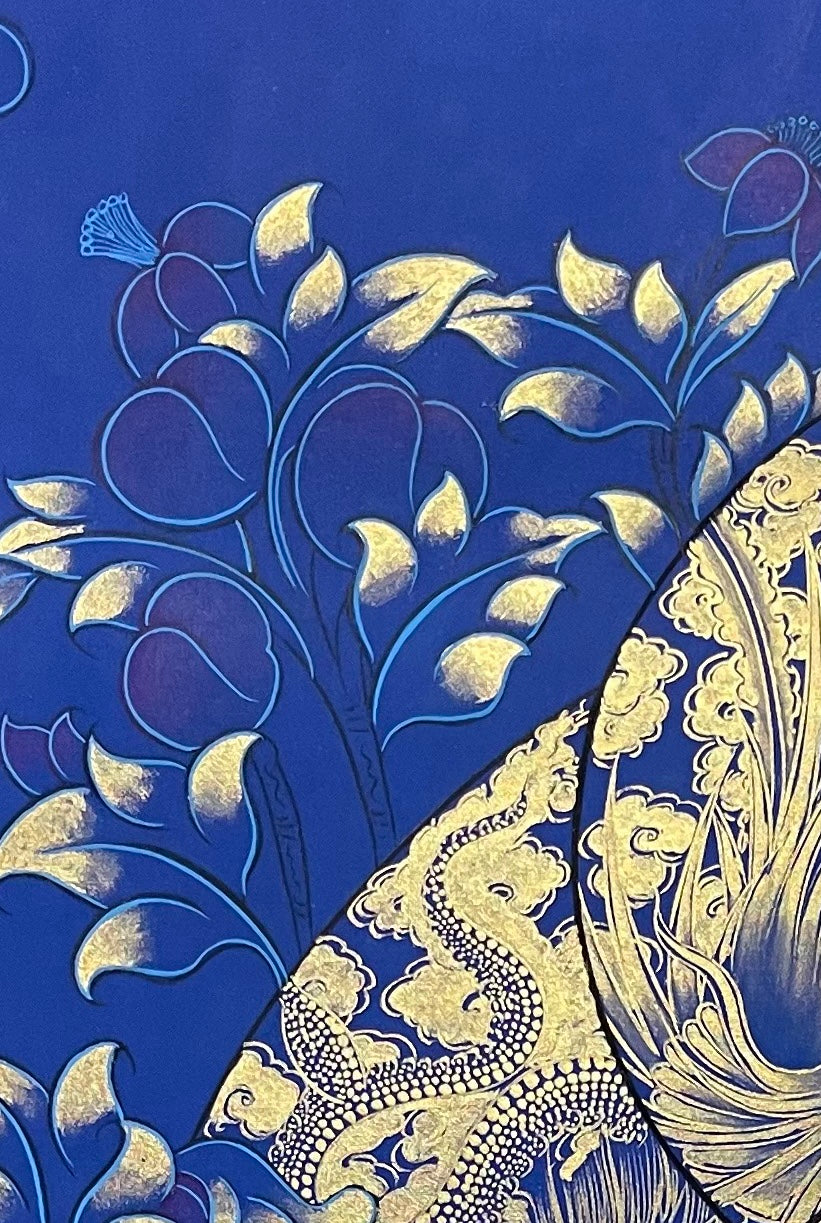 Shakyamuni Buddha thangka, detail: top-left corner