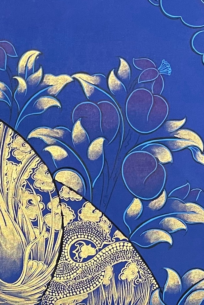 Shakyamuni Buddha thangka, detail: top-right corner