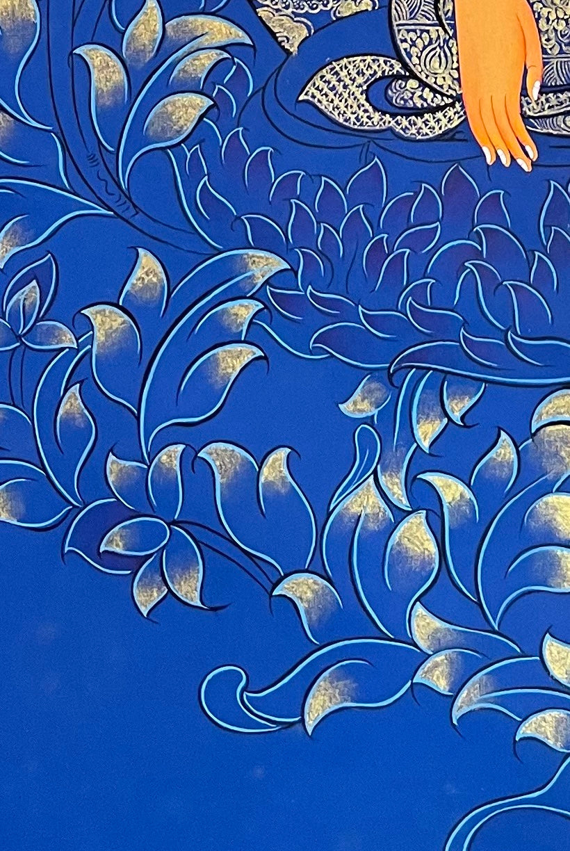 Shakyamuni Buddha thangka, detail: bottom-left corner