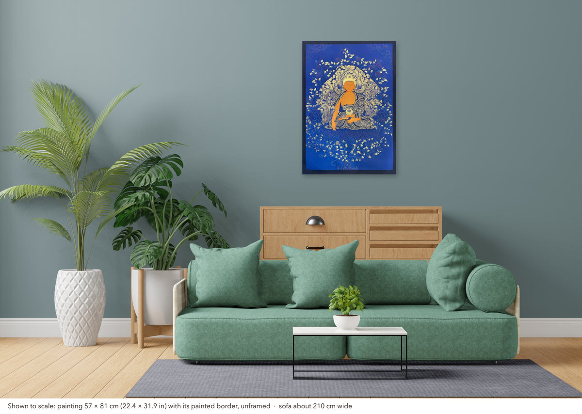 Shakyamuni Buddha thangka shown to scale in a living room, unframed, above a sofa about 210 cm wide (57×81 cm)