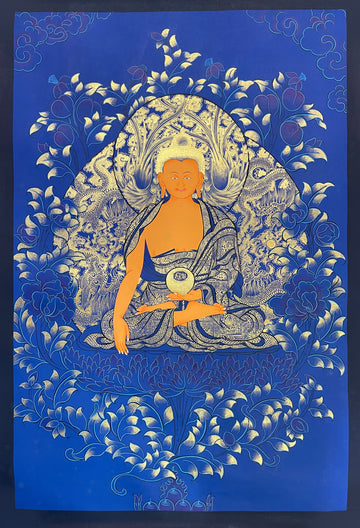 Shakyamuni Buddha thangka, 57×81 cm: Shakyamuni in gold-coloured line work on deep blue, with dragons, phoenixes and peonies