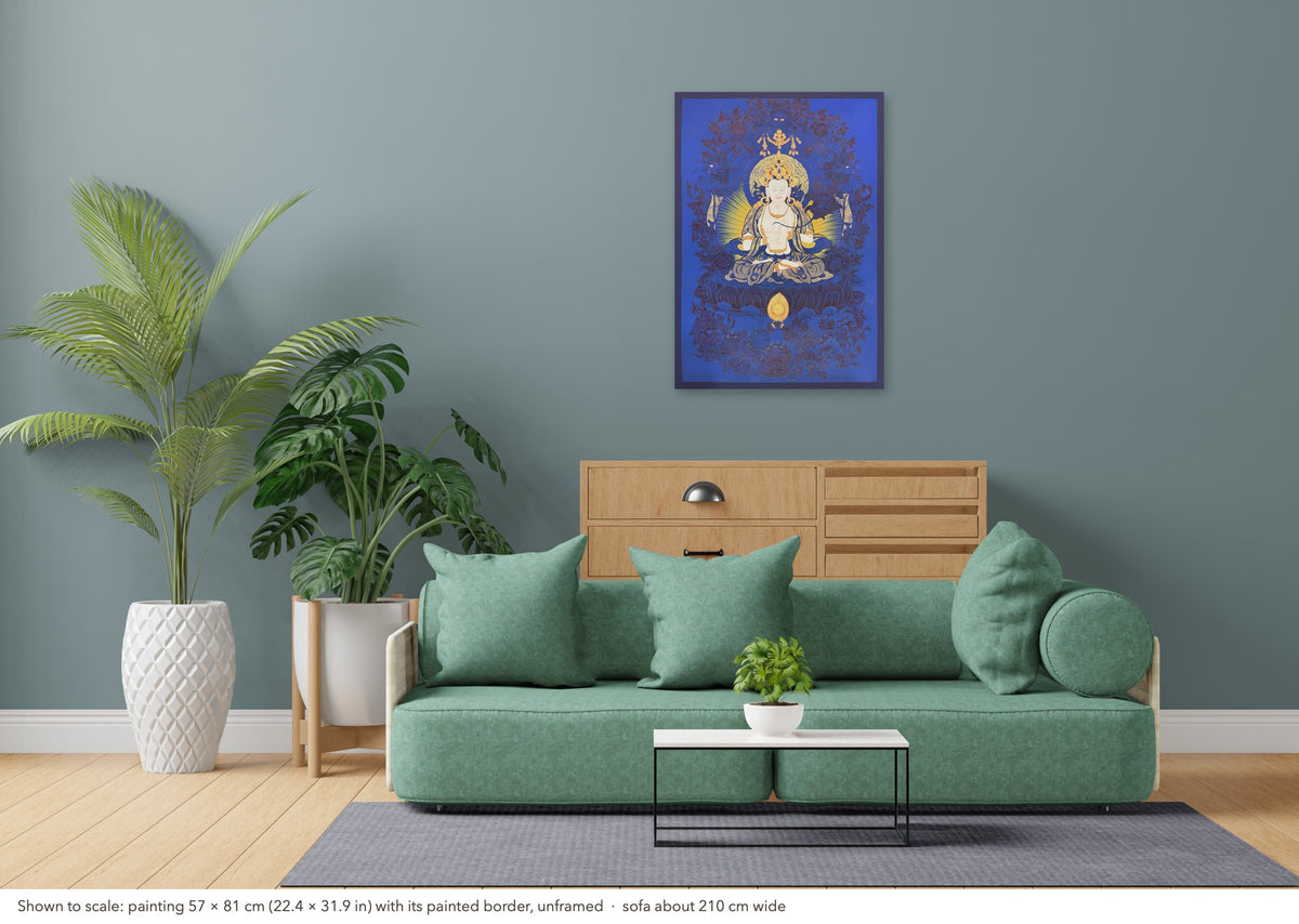 Mahasthamaprapta thangka shown to scale in a living room, unframed, above a sofa about 210 cm wide (57×81 cm)