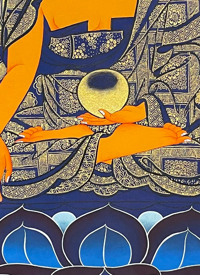 Shakyamuni Buddha thangka, 57×81 cm: Shakyamuni on a blue lotus throne in gold-coloured line work on deep blue, with his two disciples