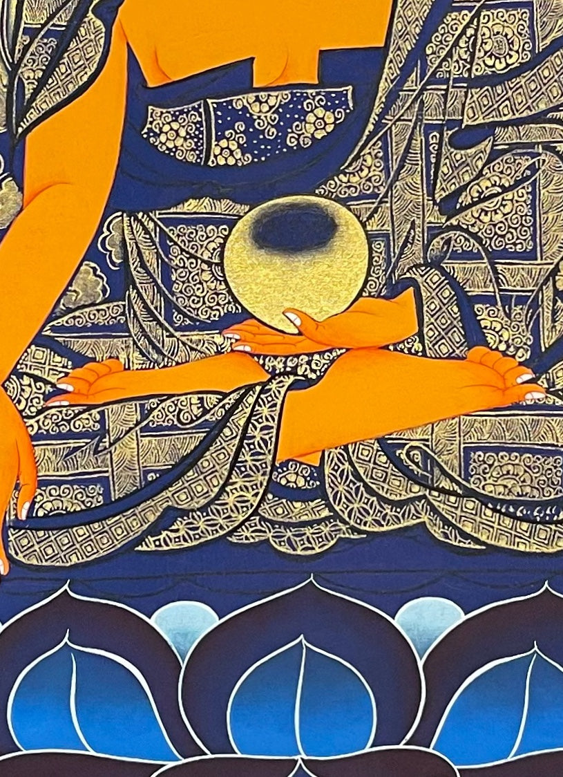 Shakyamuni Buddha thangka, 57×81 cm: Shakyamuni on a blue lotus throne in gold-coloured line work on deep blue, with his two disciples