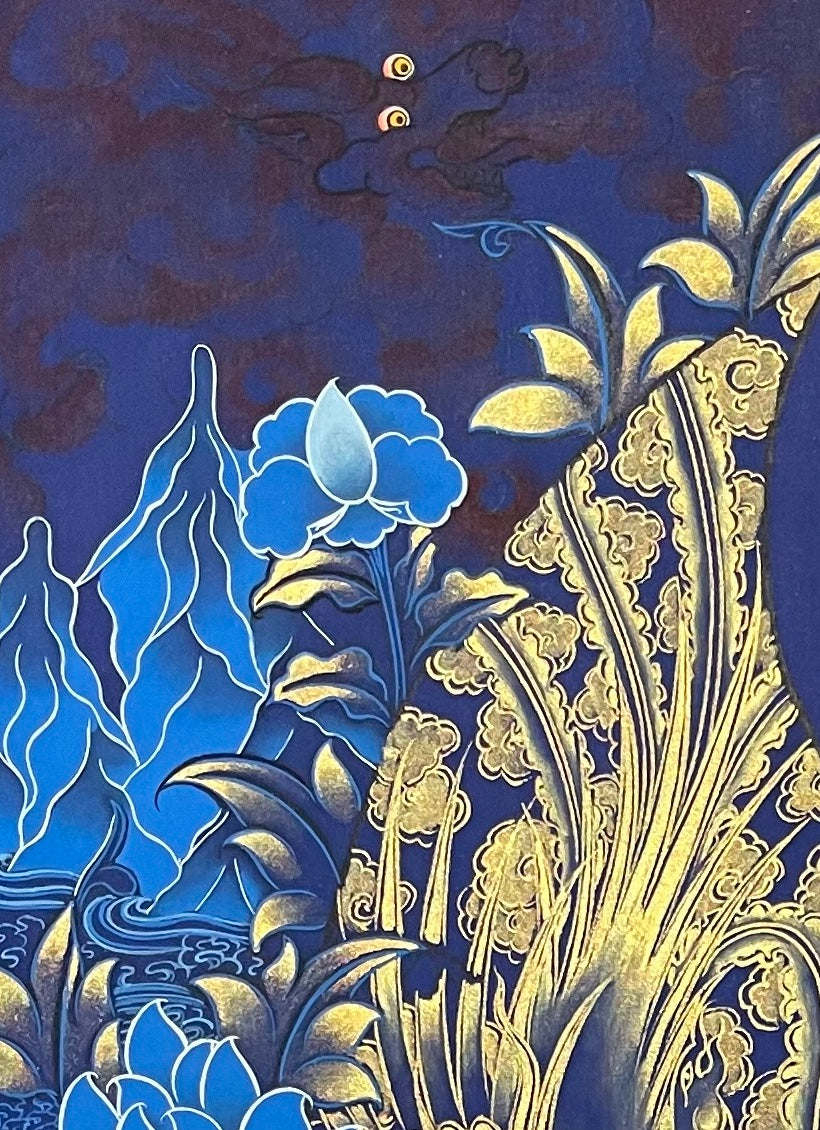 Shakyamuni Buddha thangka, detail: top-left corner