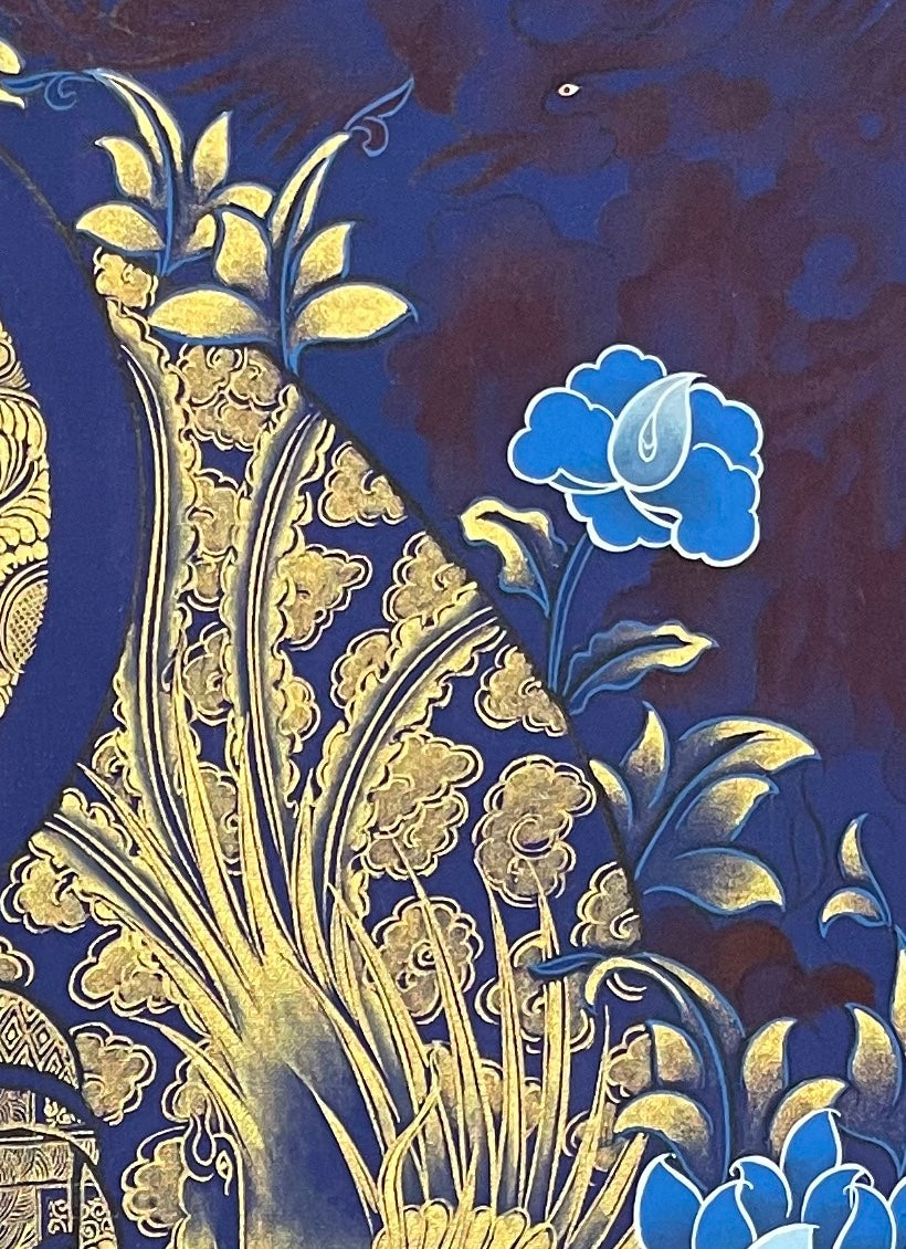 Shakyamuni Buddha thangka, detail: top-right corner