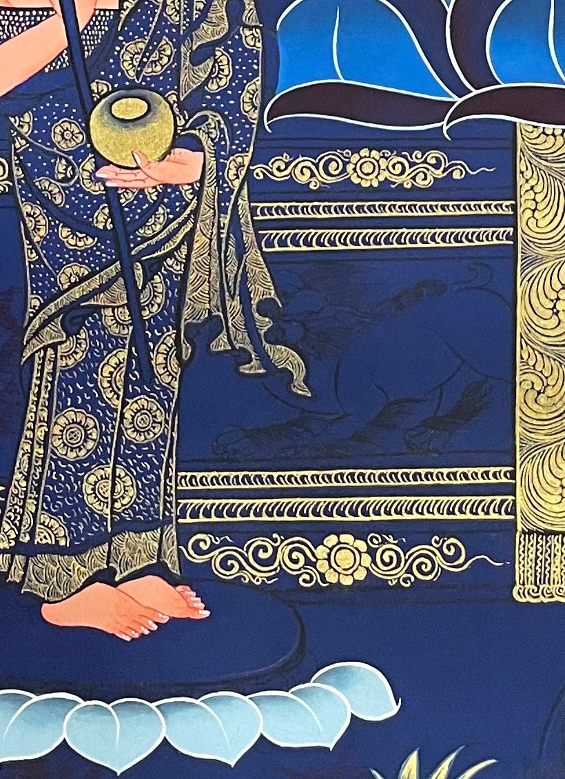 Shakyamuni Buddha thangka, detail: bottom-left corner
