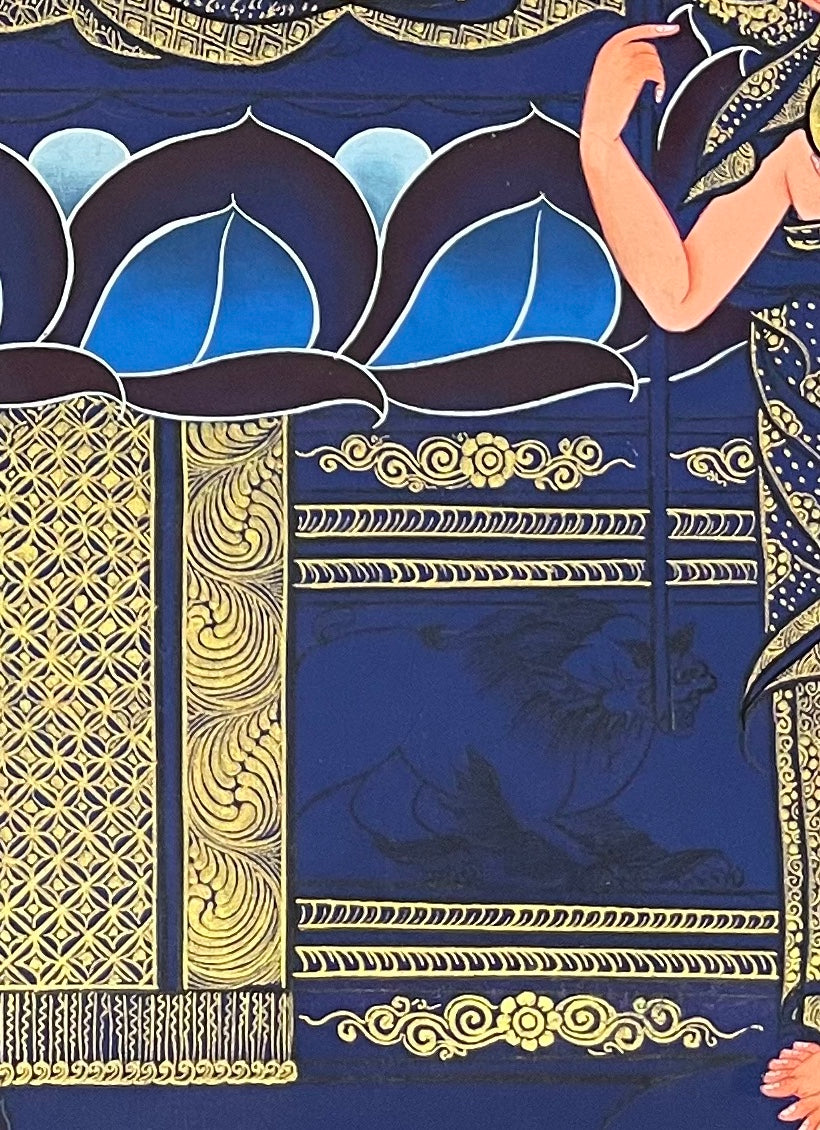 Shakyamuni Buddha thangka, detail: bottom-right corner