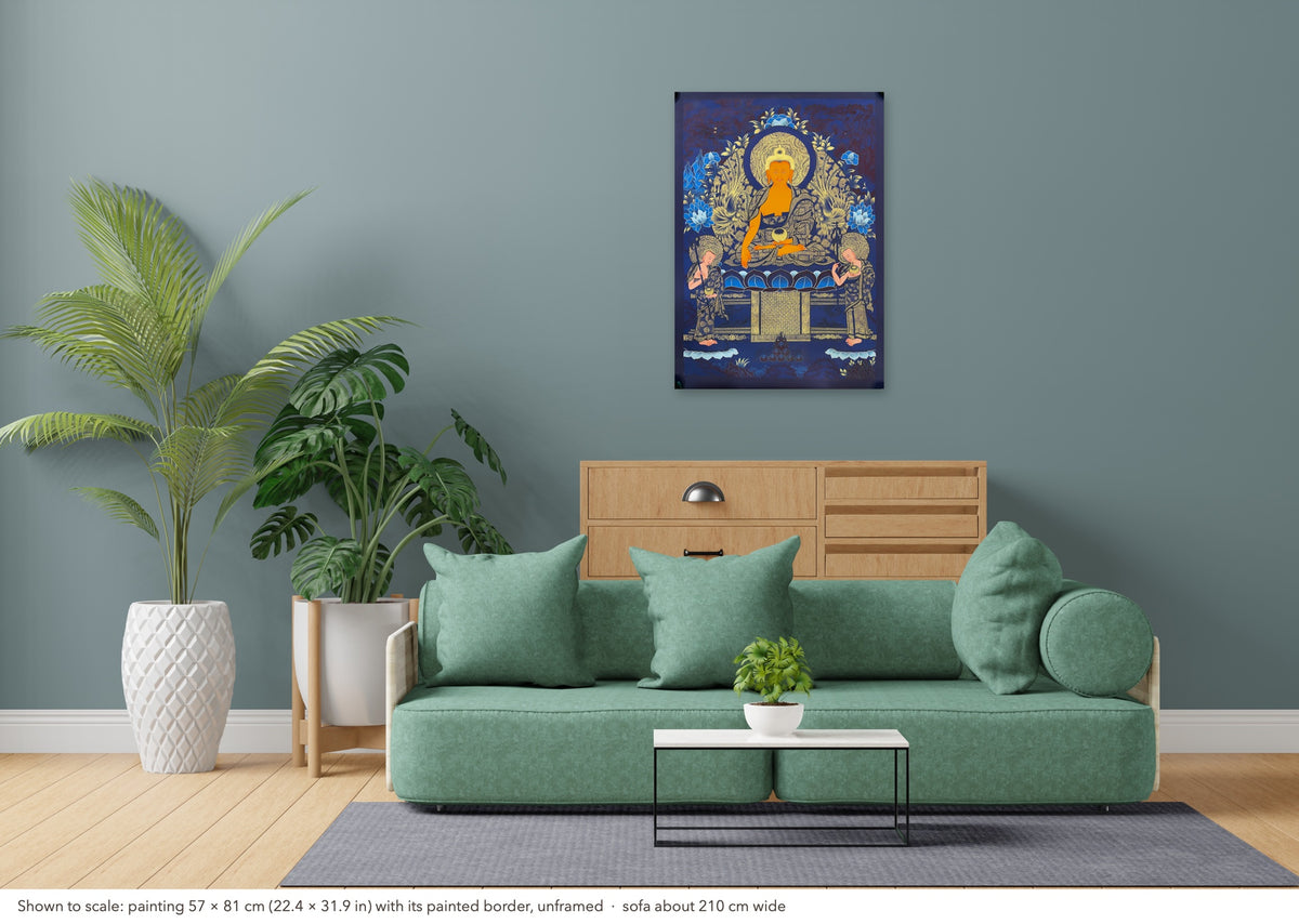 Shakyamuni Buddha thangka shown to scale in a living room, unframed, above a sofa about 210 cm wide (57×81 cm)