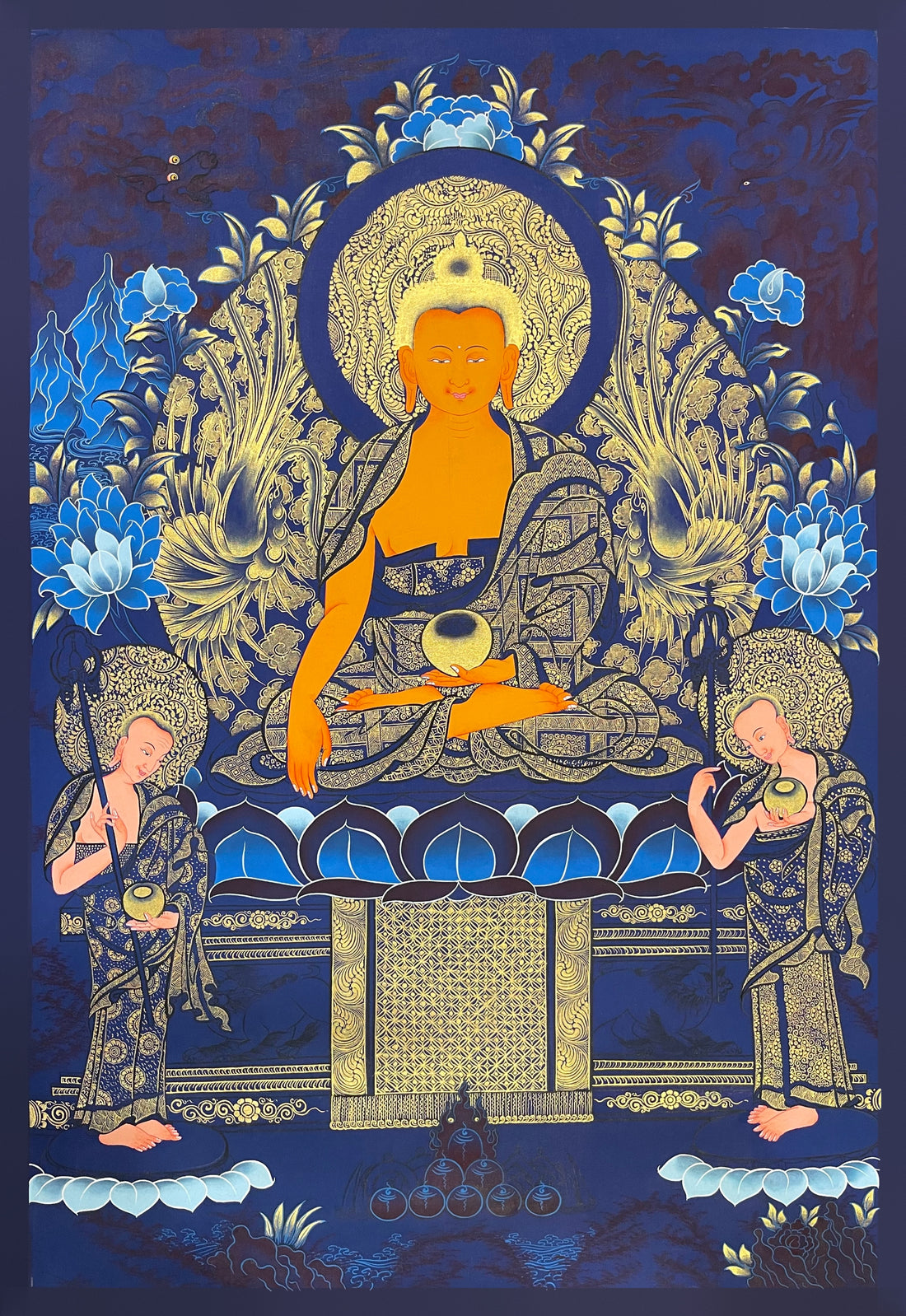 Shakyamuni Buddha thangka, 57×81 cm: Shakyamuni on a blue lotus throne in gold-coloured line work on deep blue, with his two disciples