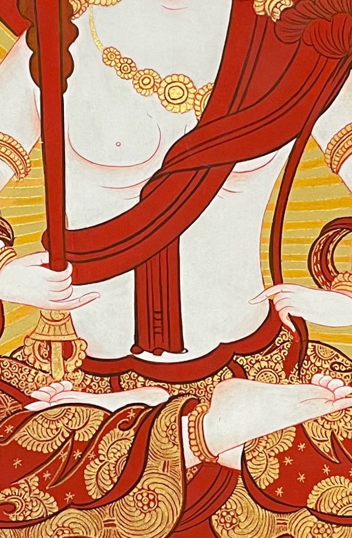 Akasagarbha thangka, 57×81 cm: white Akasagarbha holding an upright sword, with a lotus bearing jewels, on a red ground