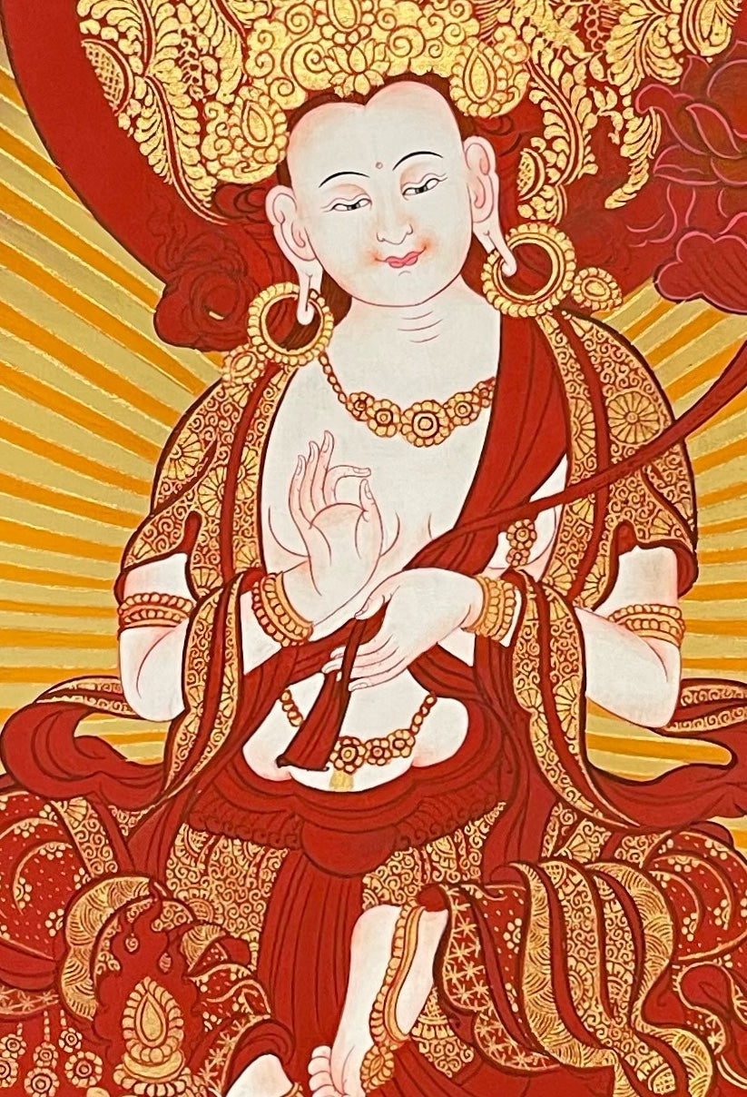 Samantabhadra Bodhisattva thangka, 57×81 cm: Samantabhadra on a red elephant, holding a red lotus, in red and gold-coloured tones