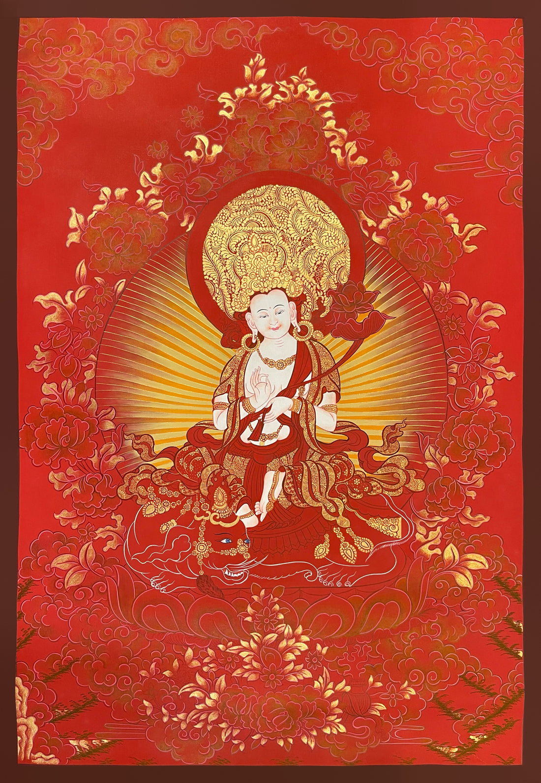 Samantabhadra Bodhisattva thangka, 57×81 cm: Samantabhadra on a red elephant, holding a red lotus, in red and gold-coloured tones
