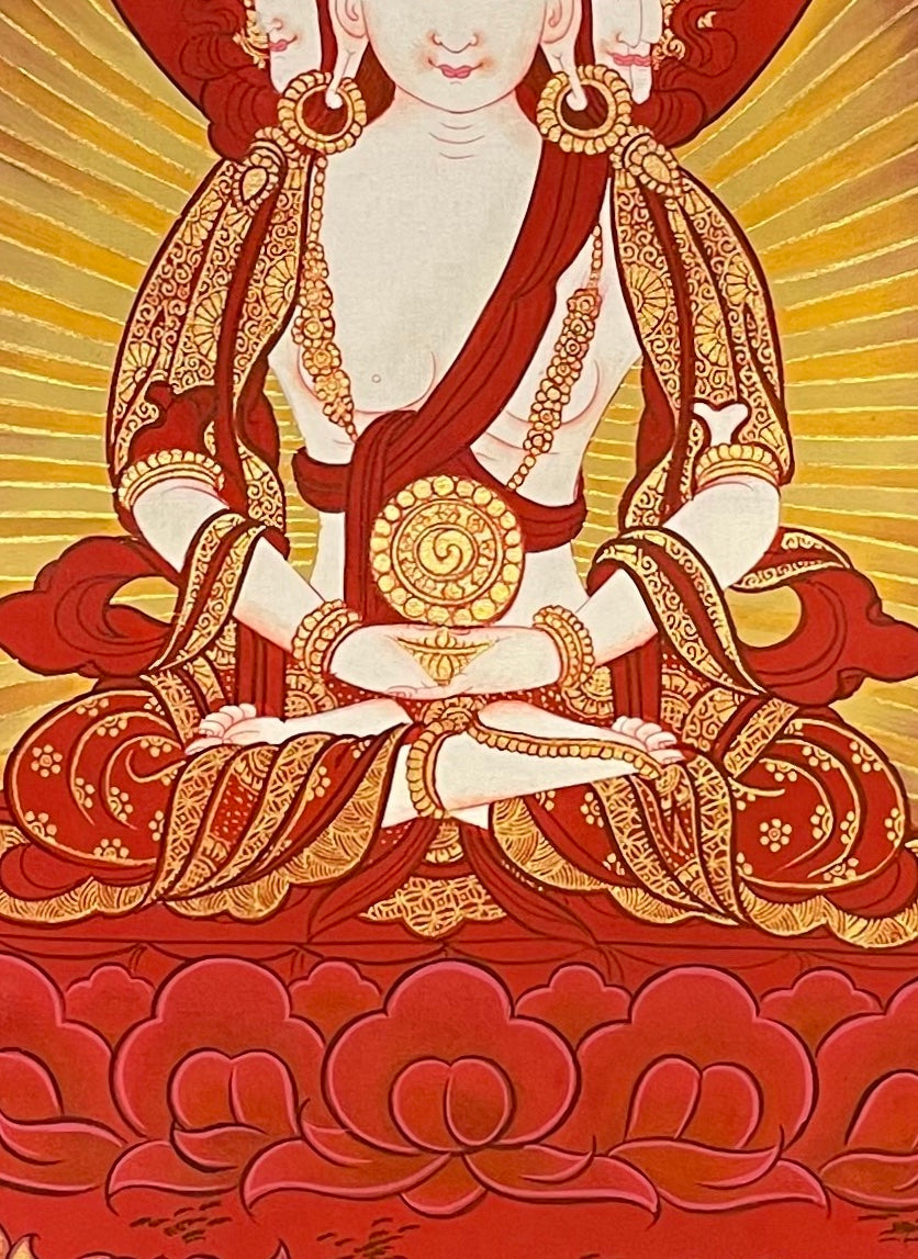 Vairocana thangka, 59×83 cm: four-faced white Vairocana inside an oval of red peonies, worked in red and gold-coloured highlights