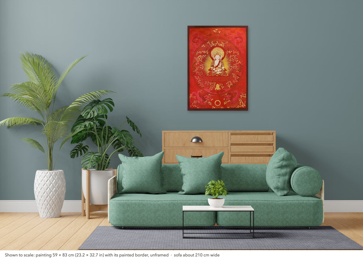 Vairocana thangka shown to scale in a living room, unframed, above a sofa about 210 cm wide (59×83 cm)