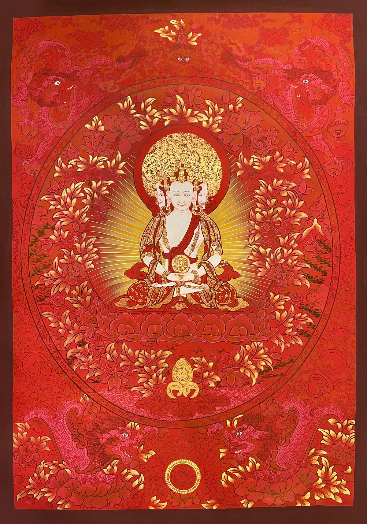 Vairocana thangka, 59×83 cm: four-faced white Vairocana inside an oval of red peonies, worked in red and gold-coloured highlights