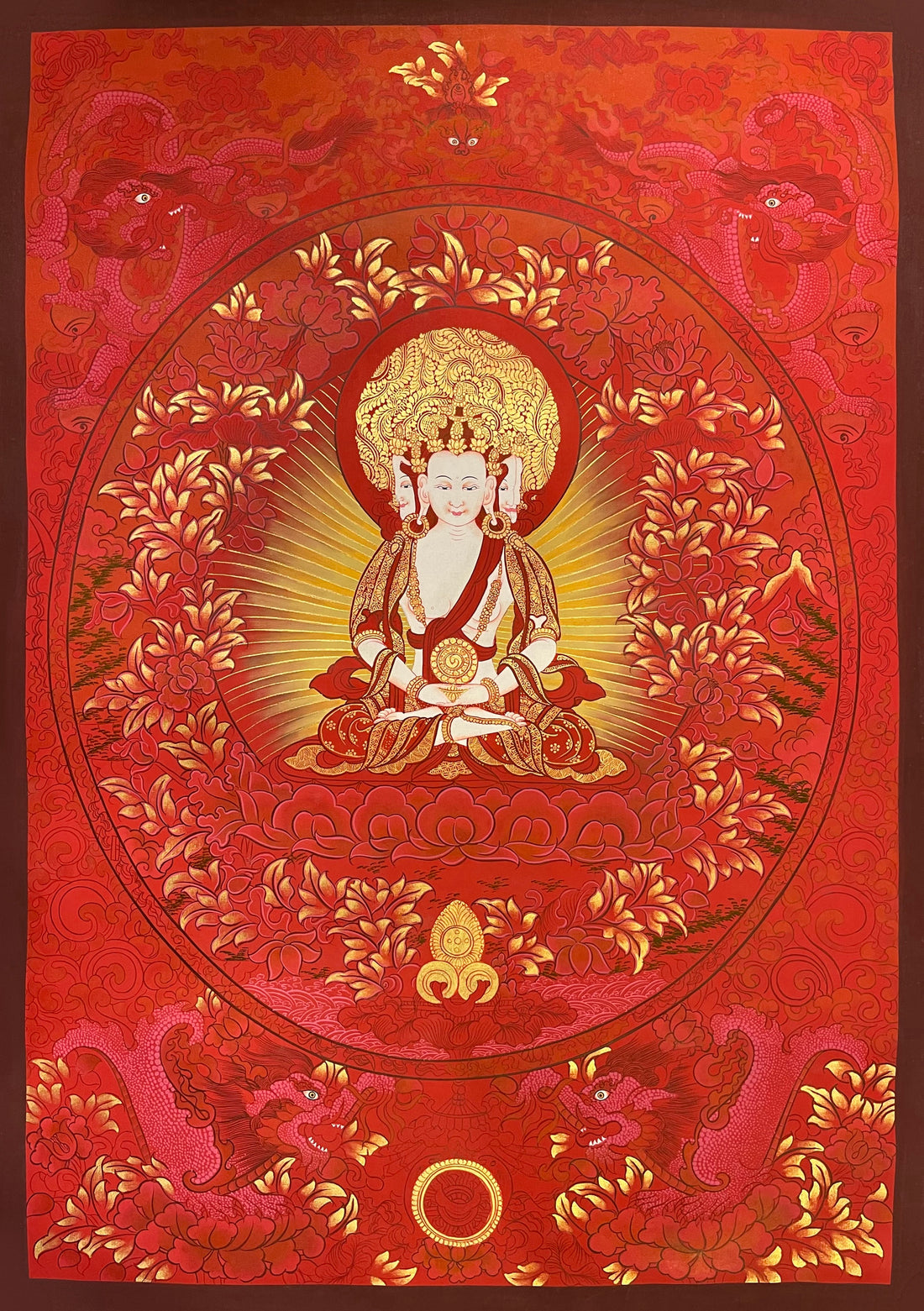 Vairocana thangka, 59×83 cm: four-faced white Vairocana inside an oval of red peonies, worked in red and gold-coloured highlights