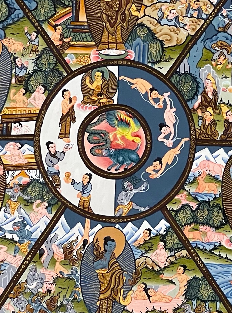 Wheel of Life thangka, 46×60 cm: red Yama holding the Wheel of Life with a Buddha in each realm, framed by a red-brown and gold border of dragons