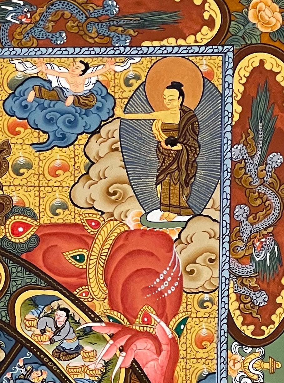 Wheel of Life thangka, detail: top-right corner