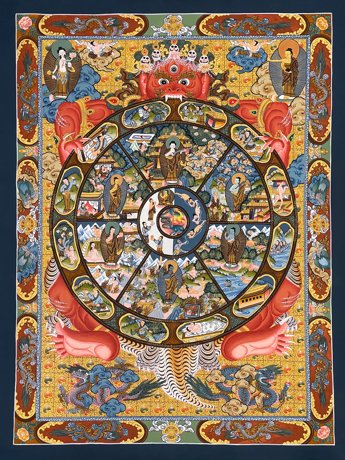 Wheel of Life thangka, 46×60 cm: red Yama holding the Wheel of Life with a Buddha in each realm, framed by a red-brown and gold border of dragons