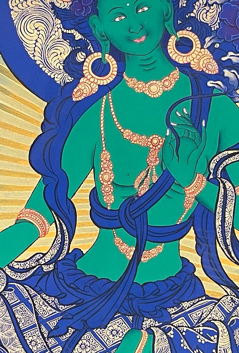 Green Tara thangka, detail: centre