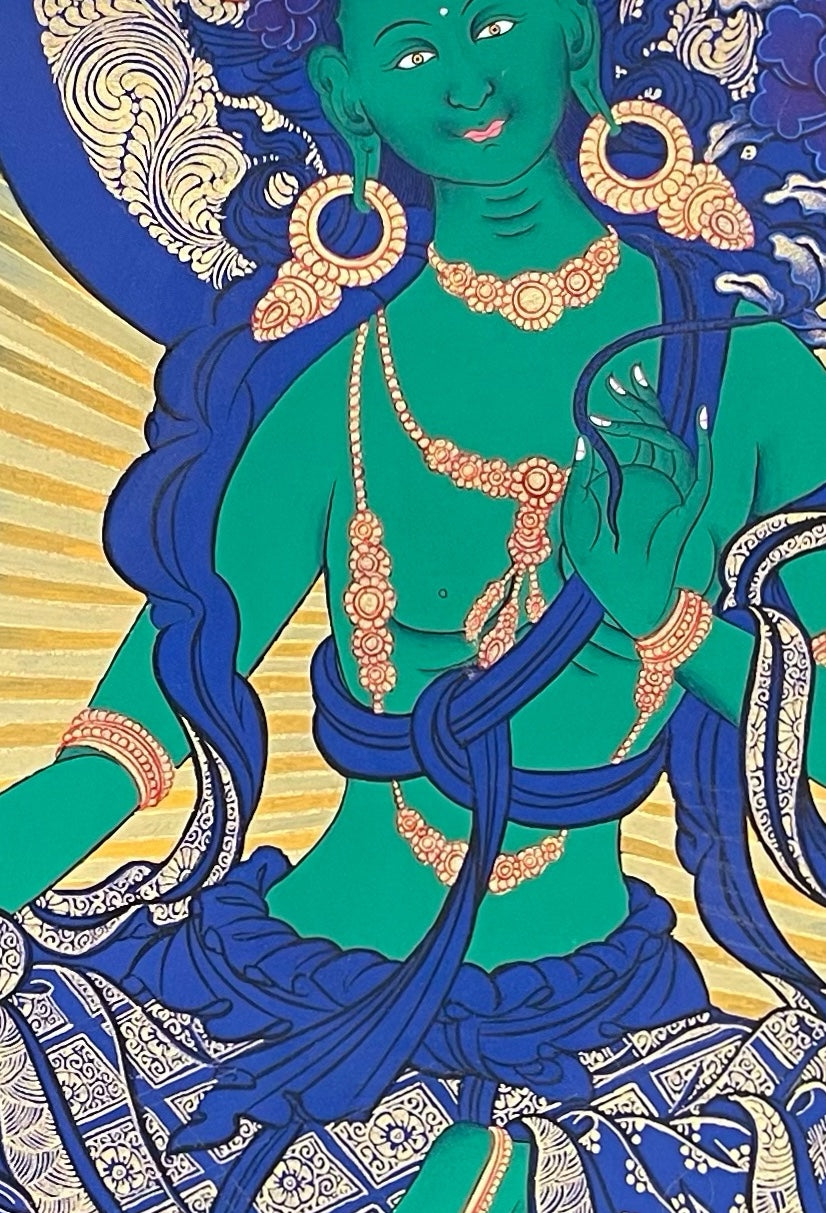 Green Tara thangka, detail: centre