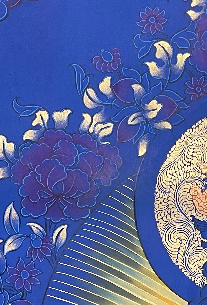 Green Tara thangka, detail: top-left corner