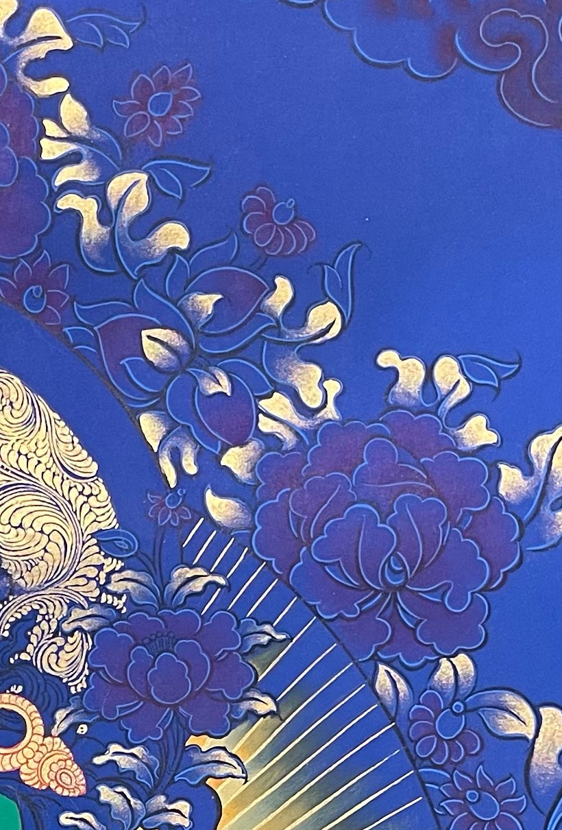Green Tara thangka, detail: top-right corner