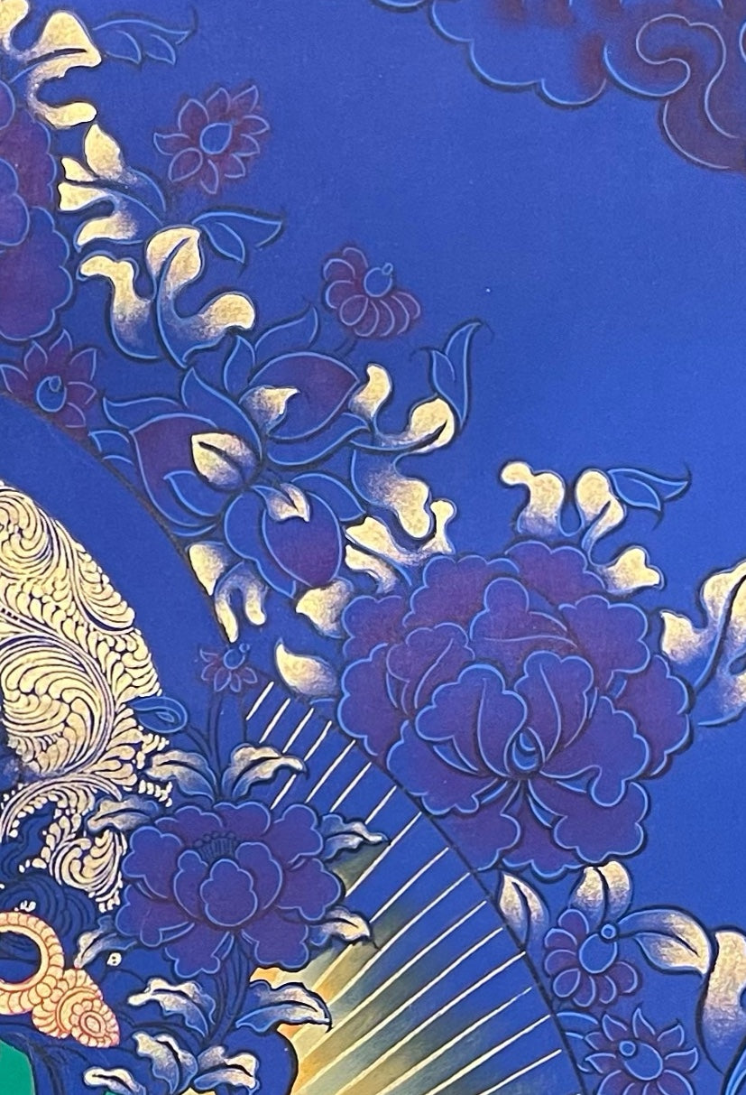 Green Tara thangka, detail: top-right corner