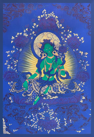 Green Tara thangka, 57×81 cm: Green Tara before golden rays, surrounded by blue and violet peonies and clouds