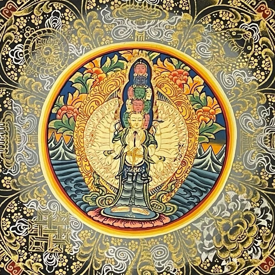 Lokeshwor Mantra Mandala thangka, 56×56 cm: thousand-armed Lokeshwor at the centre of rings of gold-coloured mantra script on a blue disc, with orange corners