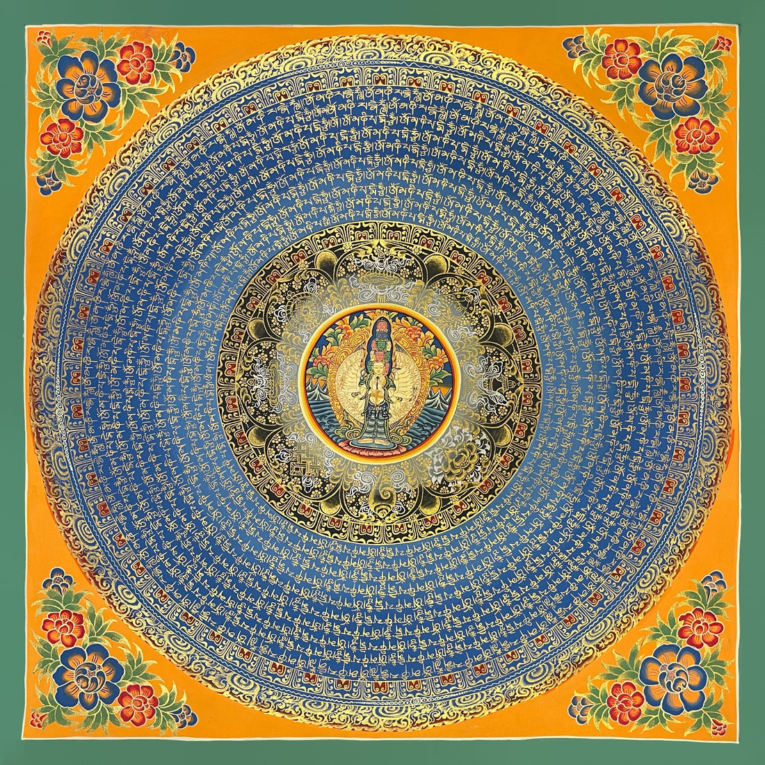 Lokeshwor Mantra Mandala thangka, 56×56 cm: thousand-armed Lokeshwor at the centre of rings of gold-coloured mantra script on a blue disc, with orange corners