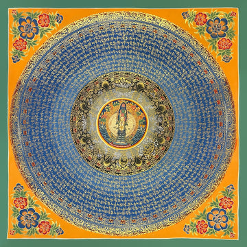 Lokeshwor Mantra Mandala thangka, 56×56 cm: thousand-armed Lokeshwor at the centre of rings of gold-coloured mantra script on a blue disc, with orange corners